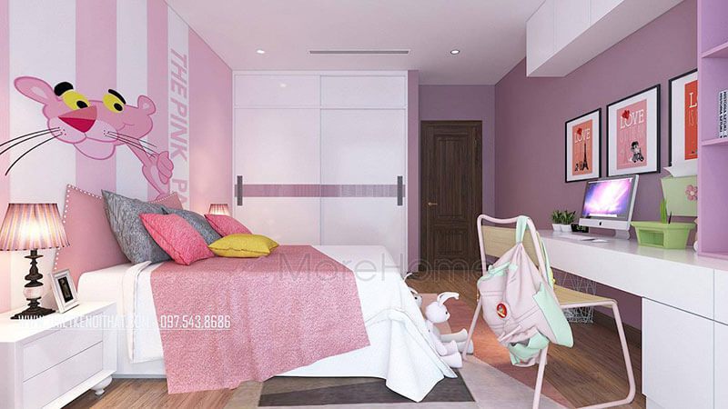 và rất nhộn nhịp Phòng ngủ của bé gái được trang trí bằng đồ nội thất sang trọng và nhộn nhịp như tủ quần áo, kệ sách gỗ công nghiệp màu hồng dễ thương.